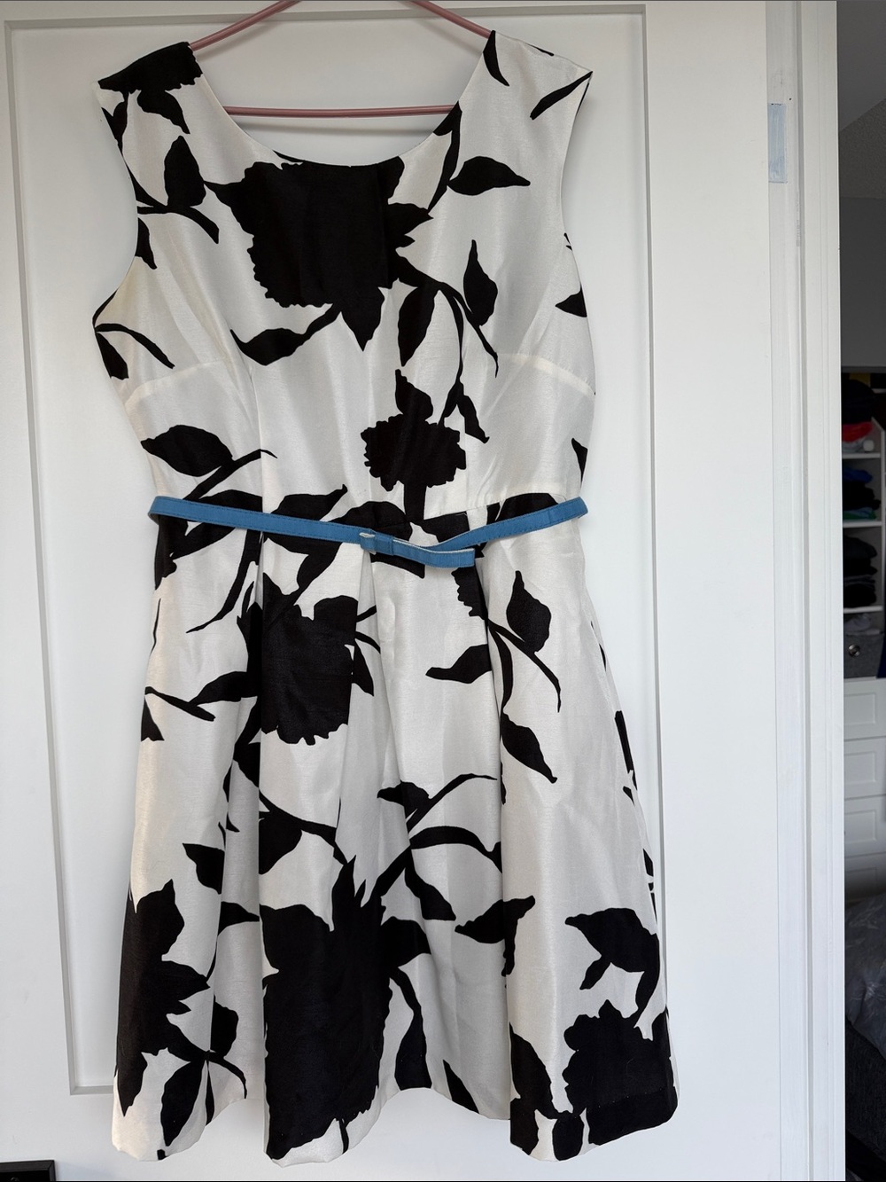Gabby Skye Black & White Floral Midi Dress with Blue Belt